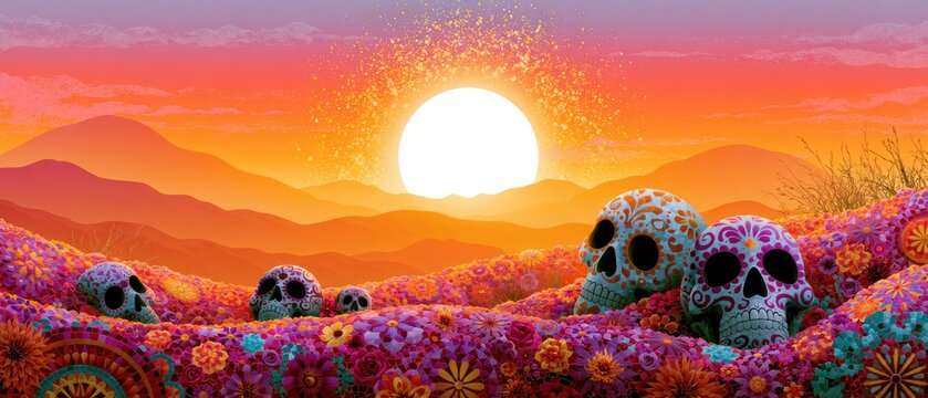 Colorful Calaveras Resting in a Floral Sunrise Valley