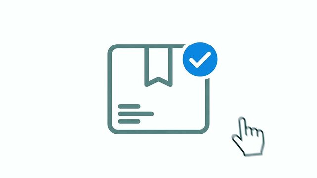 a hand cursor clicking and selecting a cardboard parcel icon representing delivery confirmation or successful shipping status in a clean minimalist vector graphic animation
