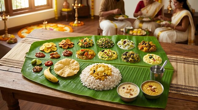 Traditional south indian sadhya feast served on a banana leaf