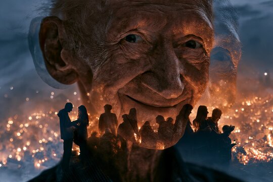 Smiling Elderly Man Blended With Candlelit Family Gathering