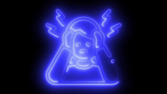 Glowing blue neon headache and mental stress icon animation loop on black background