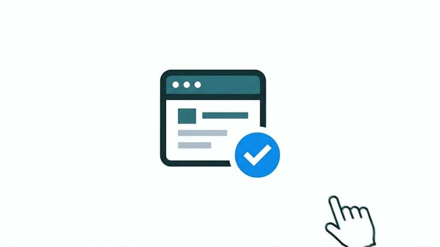 A hand clicks a digital interface button that changes from a locked padlock icon to a verified check mark symbol on a white background