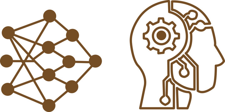 Artificial Intelligence Icons Set, Neural Network and AI Head Outline, Machine Learning Vector Illustration
