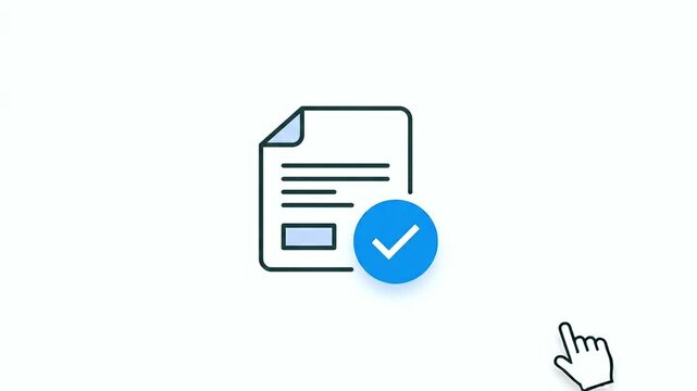 a hand cursor clicks on a document icon with a blue refresh symbol which changes to a checkmark representing successful file synchronization and processing
