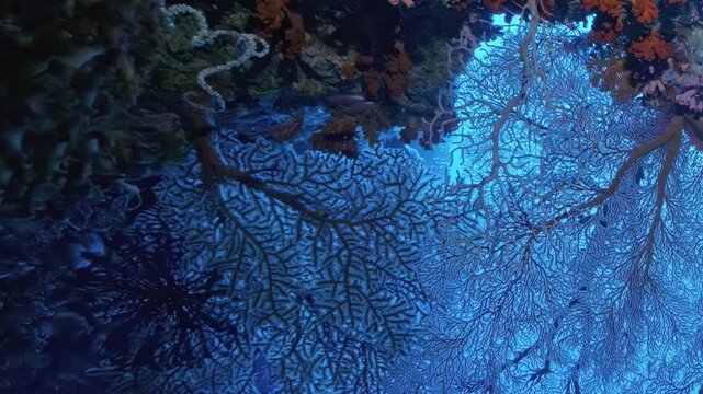 Discover the enchanting underwater world of a coral garden in the Banda Sea, Indonesia. Camera glides gently, showcasing the colorful corals and lively marine life thriving in this mesmerizing habitat