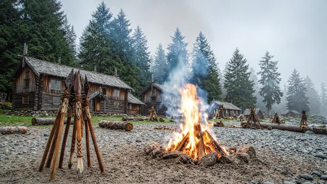 Ancient Village Campfire Scene with Wooden Huts and Spears in Misty Forest