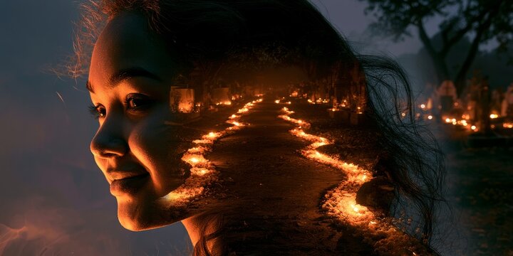 Smiling Teenager Blended With Candlelit Cemetery Pathway