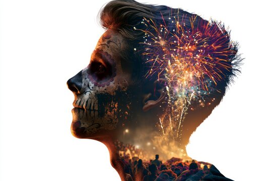 Calavera Youth Framed by Fireworks and Festival Crowd