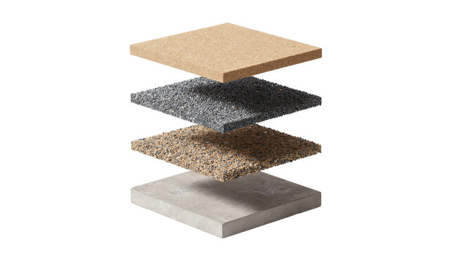 Exploded view of four construction material layers isolated on transparent background