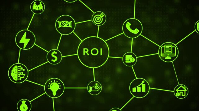 Digital mind map infographic illustrating return on investment ROI concepts with glowing neon green on a dark textured background with bokeh effects representing financial growth