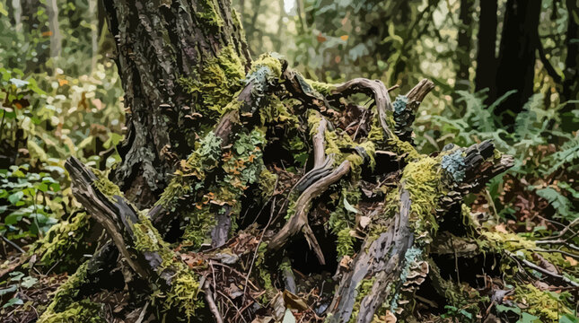 Moss covered tree roots in forest.