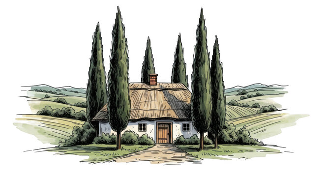 Cypress trees framing a house