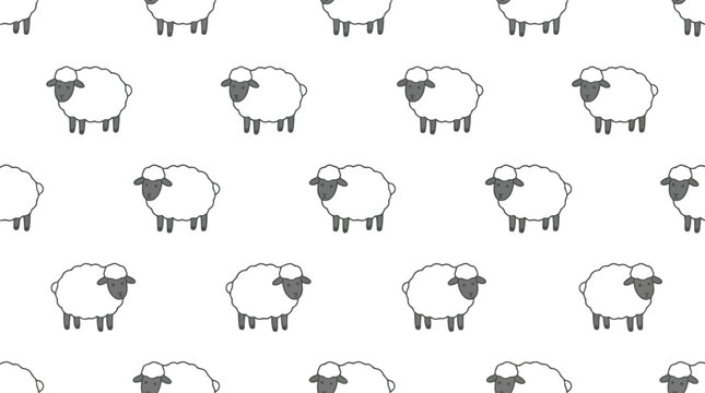 Seamless pattern of fluffy cartoon sheep icons on white background with seamless