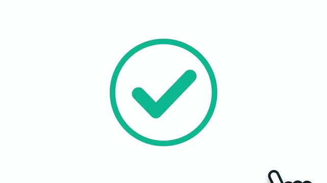 A cursor clicks a blue download icon that transitions into a green checkmark symbol within a circular frame on a plain white computer screen background