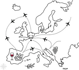 Culinary Travel Map of Europe with Flight Routes and Food Icons © Shoaib