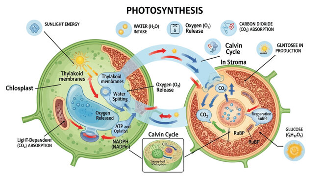 Photosynthesis process diagram with chloroplast and Calvin cycle, biological plant cell energy production vector, educational science infographic