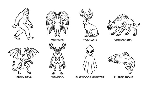 Cryptid and Mythological Creatures Line Art Icon Set Featuring Bigfoot Mothman Chupacabra and Alien Monsters for Graphic Design and Halloween Projects