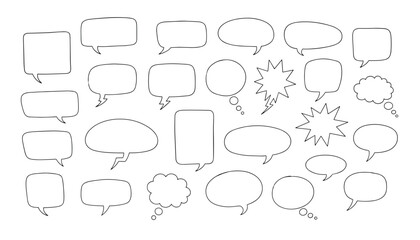 Fototapeta premium Set of twenty-four hand-drawn black outline speech and thought bubbles in various creative shapes on a white background.