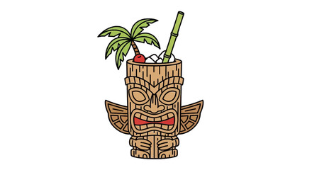 Traditional tiki mask mug with tropical cocktail and garnish © rudi