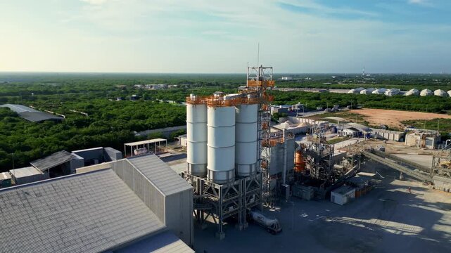 Merida, Yucatan, Mexico - 08 July 2026: Aerial view of a cement and asphalt plant featuring large industrial silos and processing facilities surrounded by dense green vegetation.