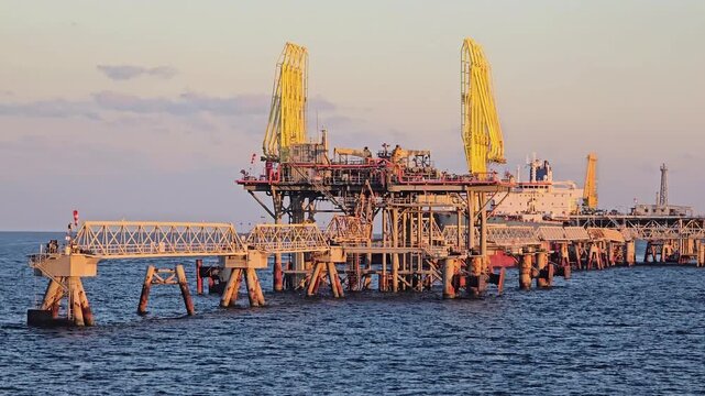An offshore industrial oil terminal platform stands in the ocean during sunset. A large tanker ship is docked next to the yellow loading arms and long pier structure.