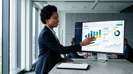 Fototapeta premium Businesswoman Presenting Financial Data On Monitor In Modern Office Setting