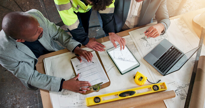 Tablet, meeting and carpentry with people in warehouse for furniture quote, stock review or planning. Manufacturing checklist, contractor invoice and blueprint with above of men with clipboard