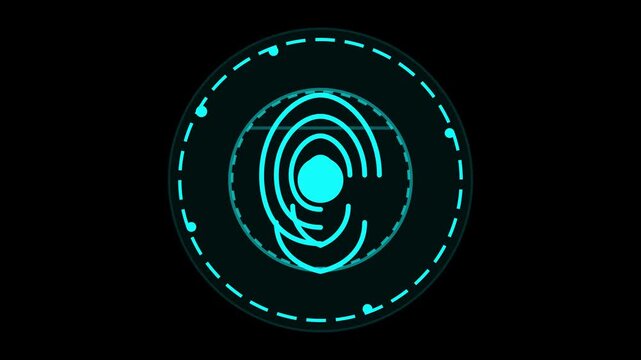 Futuristic glowing cyan biometric fingerprint scanner HUD circle icon for digital security access high tech identification interface animation