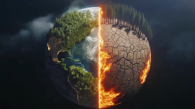 Concept of climate change with planet Earth divided into green living environment and cracked dry land with fire