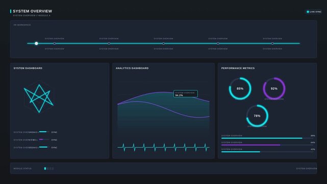 Futuristic data analytics dashboard. Abstract system overview interface design.