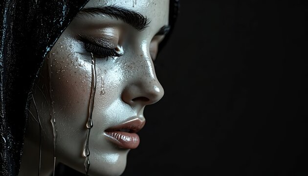 Melancholic close up portrait of a crying woman.