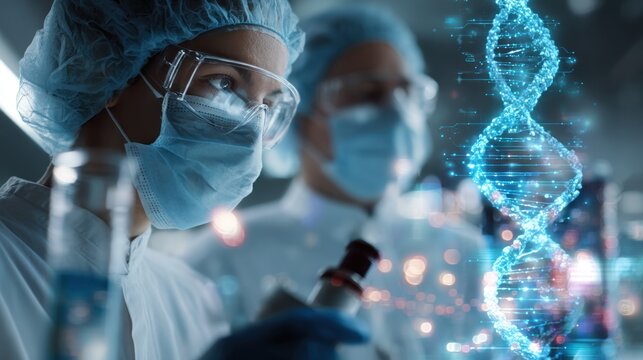 Scientists examining dna sequence in a lab