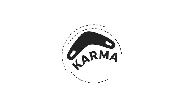Black and white vector logo design featuring a boomerang with dashed path and the word karma on white background.