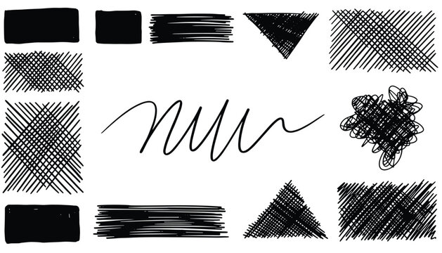 Hand drawn black pen textures cross hatching scribbles and geometric shapes on a clean white background for design.