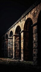 Naklejka premium Nighttime ancient stone arches under dim moody lighting.