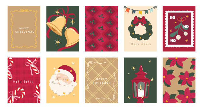 Christmas and Happy holiday greeting card vector set. Elegant wallpaper with geometric Christmas elements and pattern . Holidays design illustration for cover, print, poster, Happy New Year, ads.