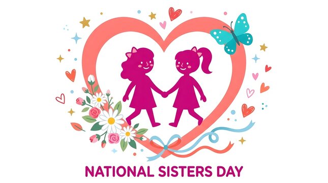 National Sisters Day greeting card design. Cute illustration of two sisters holding hands.
