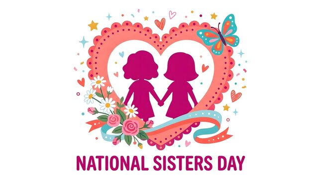 National Sisters Day greeting card design. Cute illustration of two sisters holding hands.