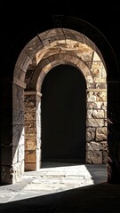 Fototapeta premium Ancient stone archway in shadowed doorway ruins.