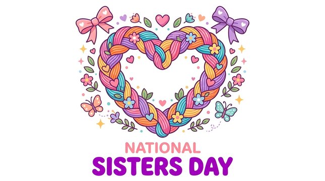 National Sisters Day heart illustration. Braided hair heart design for sisterhood celebration.