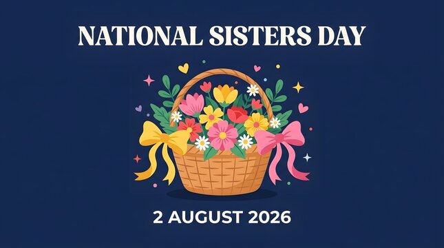 National Sisters Day greeting card design. Floral basket illustration for August holiday.