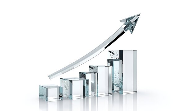 Glass bar chart rising with arrow showing business growth and positive trend, business