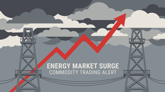Oil and gas market price surge. Rising commodity graph with industrial steel towers.