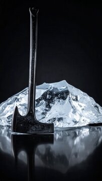 Axe resting on ice with a mountain backdrop.