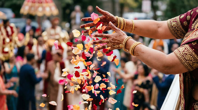 Close Up Single Woman Hands Throwing Rose Petals From Above Petals Caught Mid Fall in Daylight, Authentic Welcome Gesture Baraat Arrival Wedding Celebration India