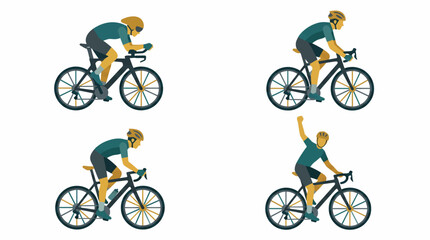Naklejka premium Four illustrations depicting various stages and styles of a cyclist riding a road bicycle, including racing, casual riding, and celebrating victory.