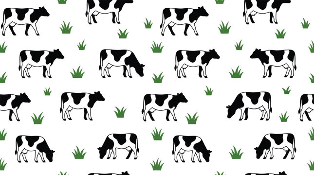 Seamless pattern of dairy cows grazing on grass with livestock, agriculture