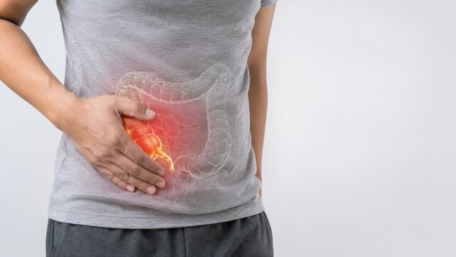 Male holding lower right abdomen with translucent colon overlay highlighting an inflamed appendix, depicting appendicitis and abdominal pain concept