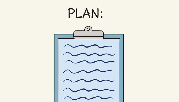 Cartoon illustration of a blue clipboard with the title plan and wavy placeholder text lines on a warm beige background.