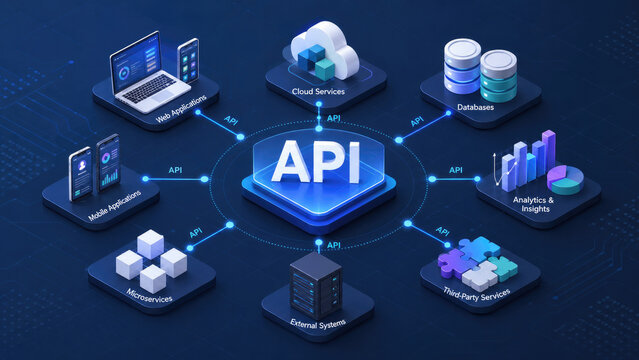 Isometric 3D illustration of a central API hub connecting cloud services, databases, analytics, web and mobile apps, microservices, external systems and third-party services